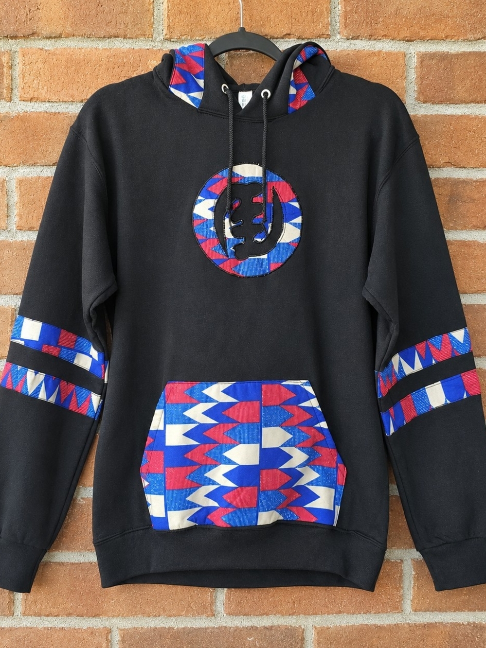 Black Hoodie with Red & Blue Geometric Accents - Unisex Pullover